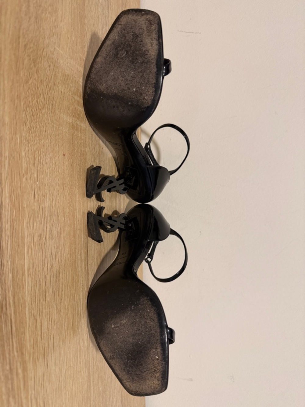 Saint Laurent Black Patent YSL Logo Stiletto Sandals with Ankle Strap - Picture 5 of 6